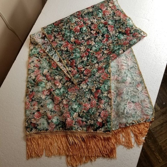 Ladies Floral Mesh Scarf with Shiny Peach Fringe 52 inches - Picture 2 of 7
